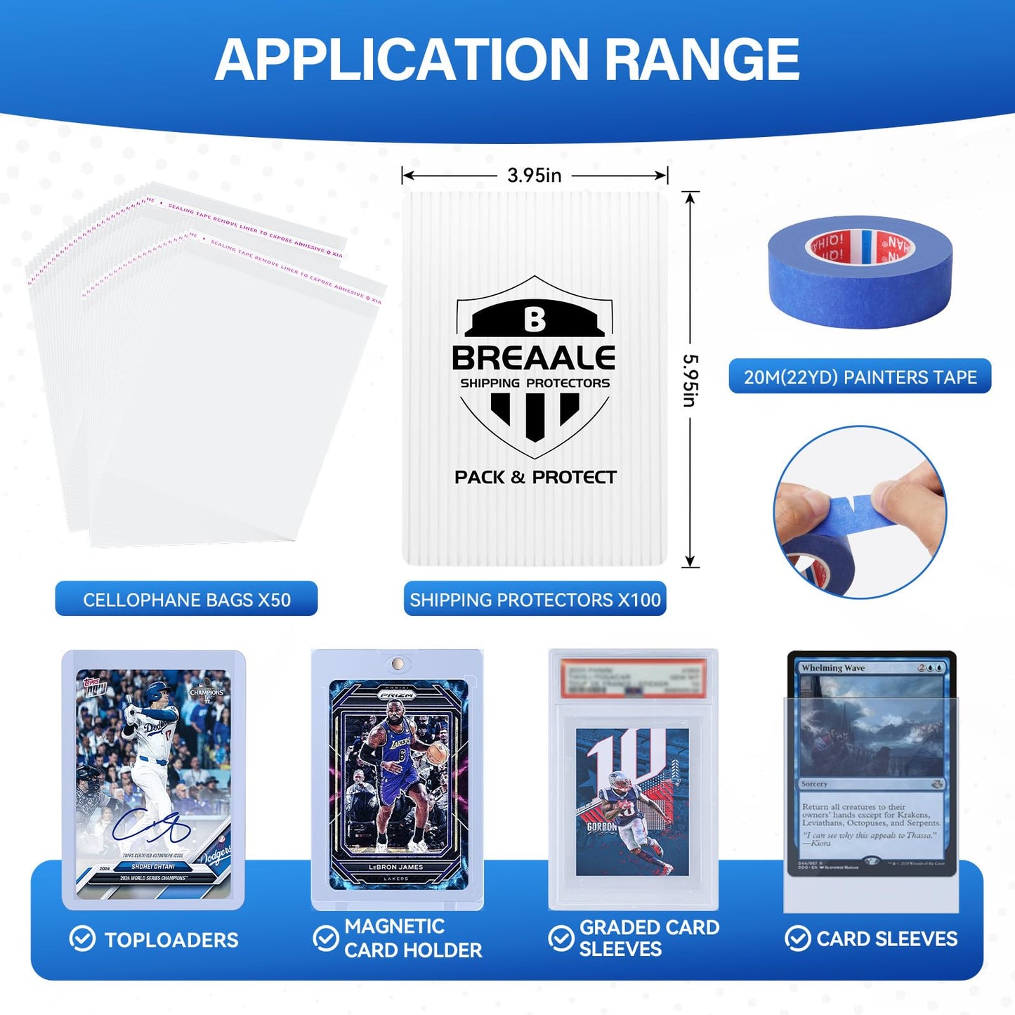 BREAALE Trading Card Shipping Kit, Includes 100 4'' x 6'' Graded Card Shipping Protectors, 50 6'' x 8.7'' Envelope Bubble Mailers, 20M Painter’s Tape, 50 Cellophane Bags, PSA BGS CGC Slabs & Raw