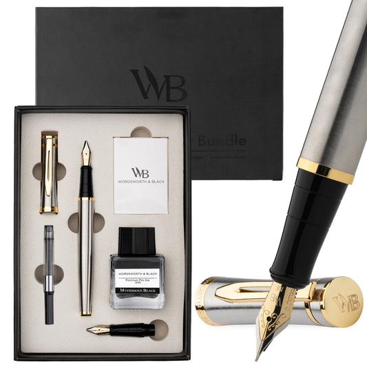 Wordsworth & Black Fountain Pen Set,18K Gilded Medium and Extra Fine Nib,25ML Black Ink Bottle,6 Ink Cartridges,Refill Converter,Gift Box,Smooth Writing Pens [Silver Gold],Gift Set for Men and Women