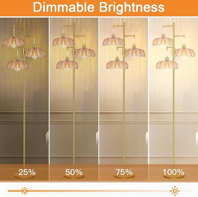 Gold Floor Lamps for Living Room Bedroom-3 Light Glass Floor Lamp with Three Led Bulb, Flower Tall Floor Lamp Dimmable Mid Century Modern Standing Lamp Vintage Tree Floor Lamps for Bedroom Corner