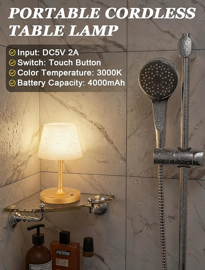 Kakanuo Gold Cordless Shower Lamp Waterproof, Rechargeable Cordless Lamp with 4000mAh Battery, Touch Dimmable Table Lamp for Outdoor, Kitchen, Bathroom, Camping, Patio, IP54
