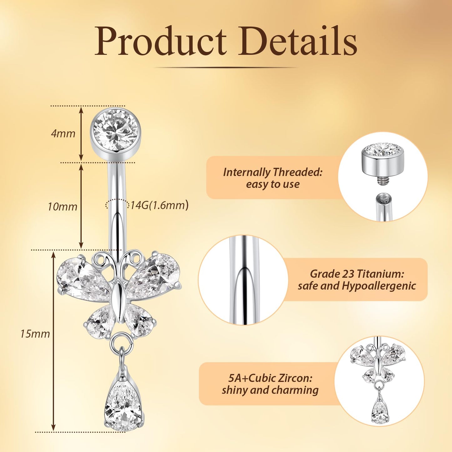14G Dangle Belly Piercing Internally Threaded Navel Ring Silver Belly Button Ring 10mm for Women Titanium Curved Barbell with Butterfly CZ Navel Belly Bars