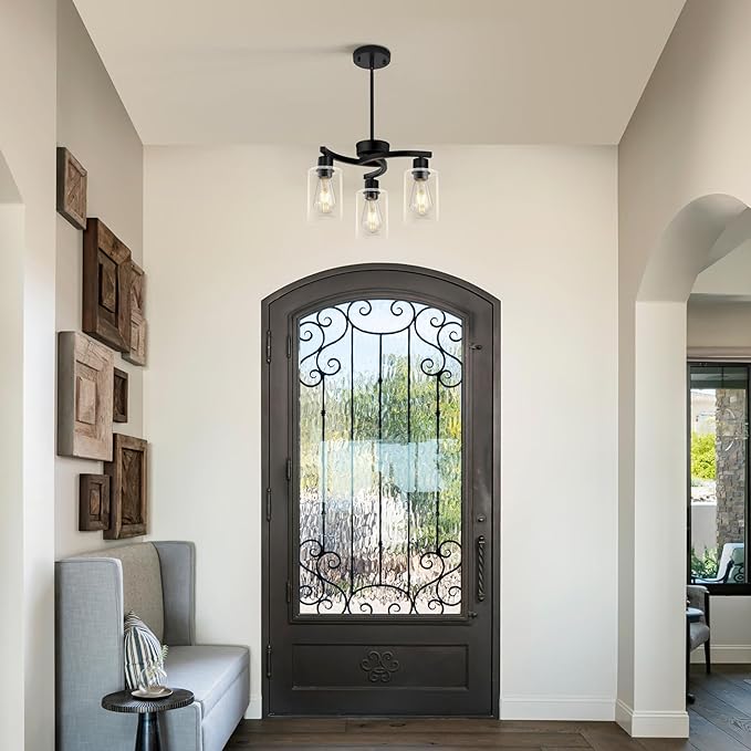 3 Light Modern Dining Chandeliers Over Table，Black Light Fixture for Dining Room，Farmhouse Chandelier with Glass Shade，Industrial Pendant Lights Kitchen Island，Foyer,Hallway, Bedroom