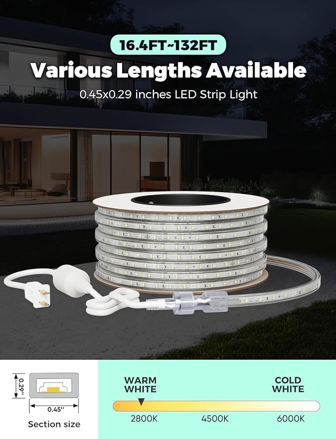 GZBtech AC 110-120V LED Strip Lighting 132FT/40M, 2800K Warm White IP65 Waterproof Outdoor Strip Lights, 60LEDs/M SMD2835 Cuttable & Connectable LED Rope Light for Indoor Outside Exterior, ETL Listed