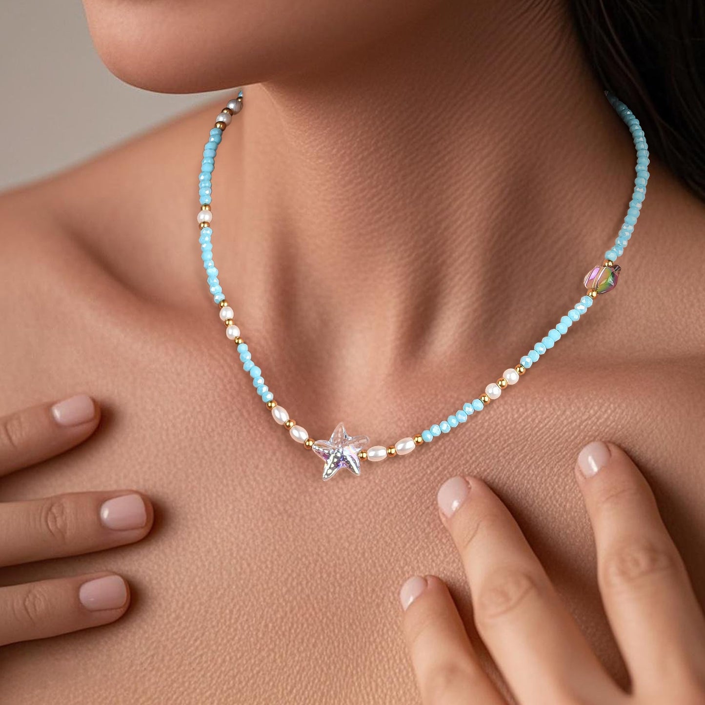 Blue Starfish Pearl Necklace Beach Jewelry For Women 2025 Summer Fashion Bohemian Style Vacation Necklace (Blue)