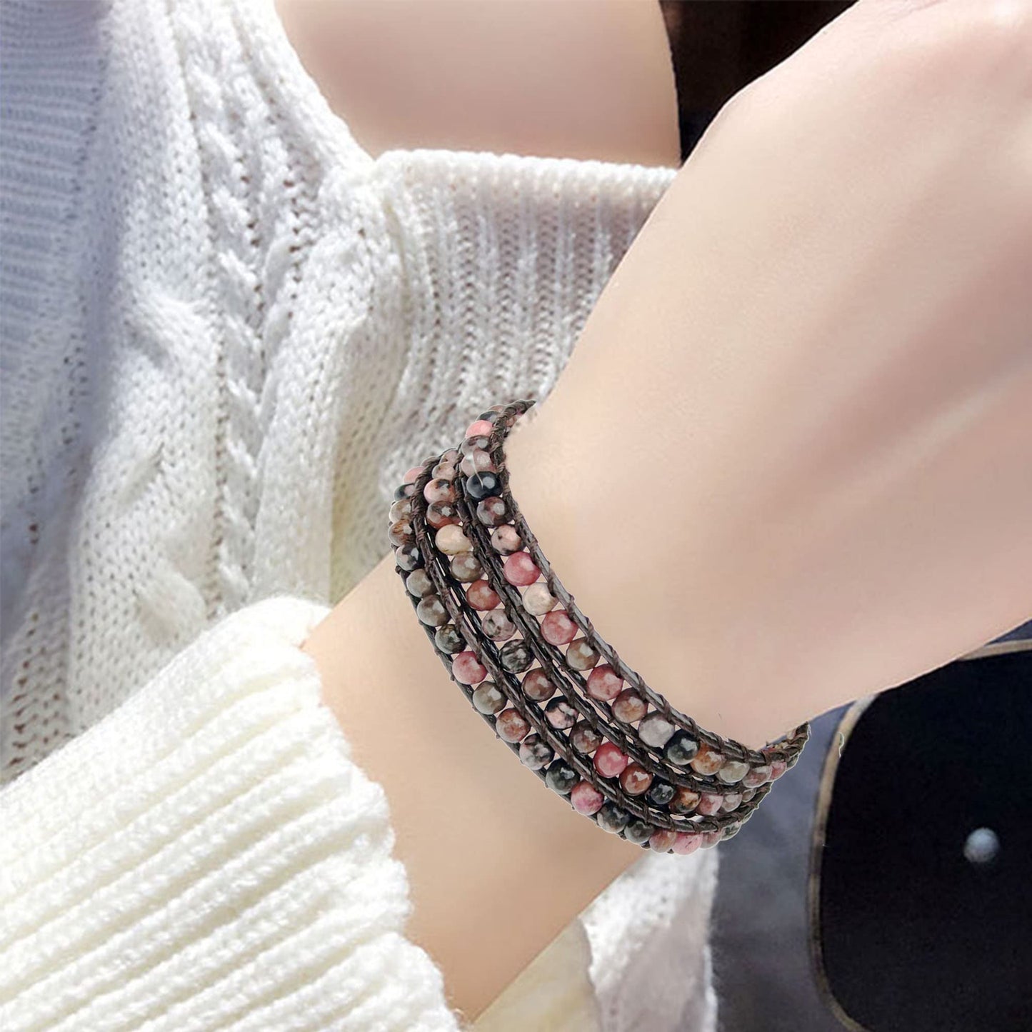 Ayriwoyi Beaded Wrap Bracelet Wrap Bracelets for Women Natural Rhodonite Stone Beads Adjustable Bohemian Bracelet Handmade Jewelry Gifts for Women