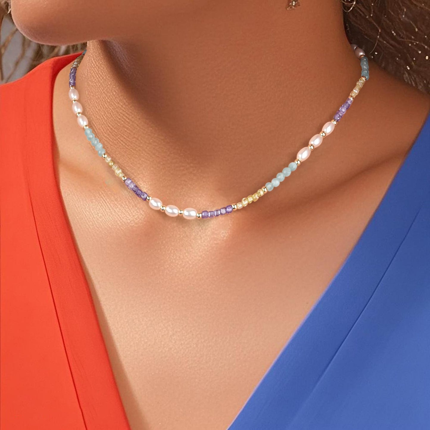 Vutapiro Colorful Beaded Beach Jewelry Summer Ladies' Necklace, Boho Color Block Design light blue necklaces for women (Pale blue)