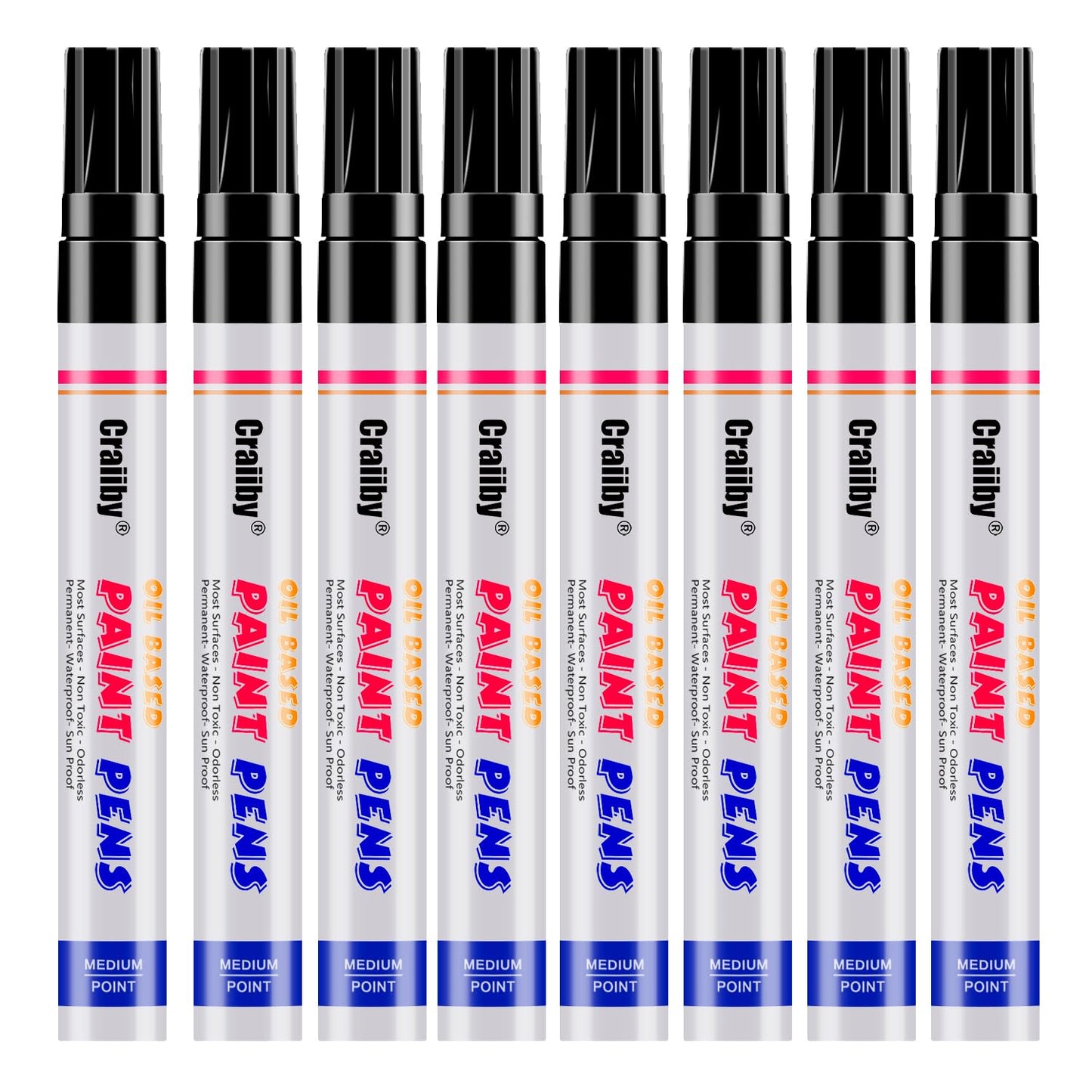 Black Paint Markers, 8 Pack Oil-Based Waterproof Quick Dry Permanent Paint Pen Set for Rocks Painting, Wood, Fabric, Plastic, Canvas, Glass, Mugs, Metal, Tire, Stone, DIY Craft