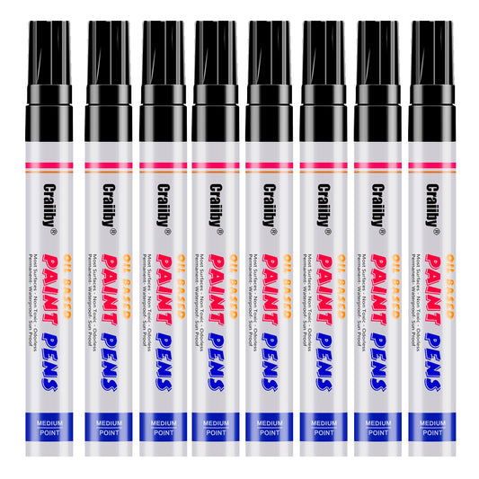 Black Paint Markers, 8 Pack Oil-Based Waterproof Quick Dry Permanent Paint Pen Set for Rocks Painting, Wood, Fabric, Plastic, Canvas, Glass, Mugs, Metal, Tire, Stone, DIY Craft