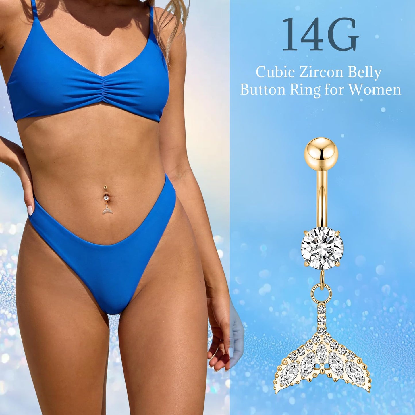 PEAKLINK Dangle Belly Jewelry 14G Internally Threaded Navel Piercing Gold Belly Button Ring 10mm for Women Titanium Curved Barbell with Fishtail CZ Navel Belly Bars