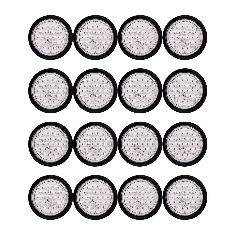 16X 4 Round 24-LED Clear Lens RED Sealed Tail Light Trailer Truck RV Brake Stop Lamps Rear Parking Taillights 12V