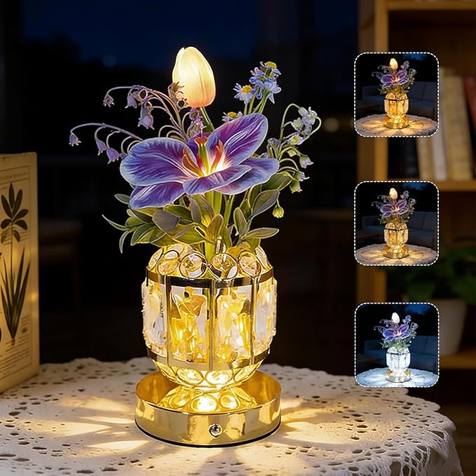 Flower Crystal Table Lamp, 3-Color Dimmable Small Night Light, Rechargeable Cordless Touch Lamp, Artificial Flowers Light for Bedroom Home Decor, Great Gifts for Mom Women Friends (Purple)
