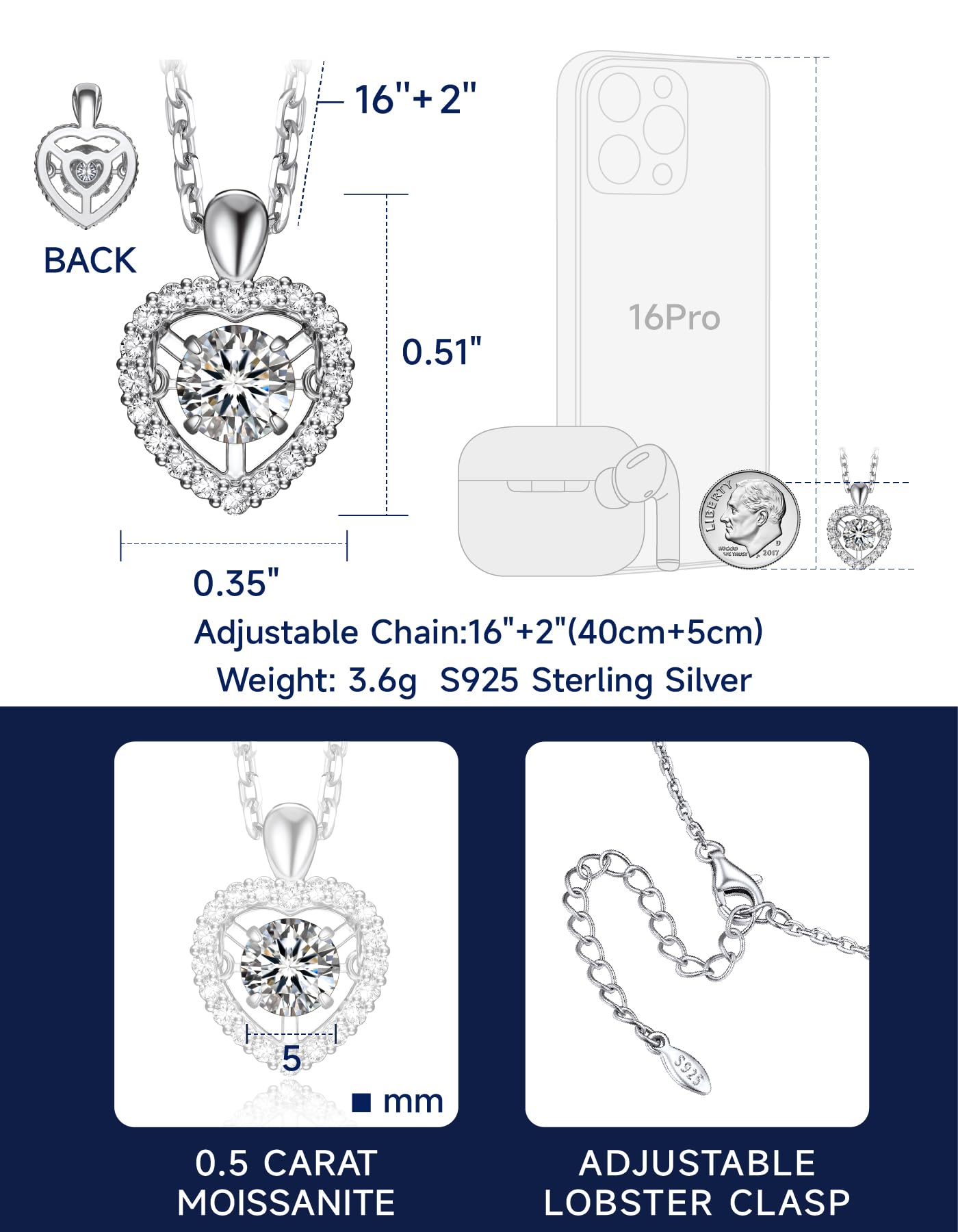MomentWish Silver Heart Necklaces for Women 0.5Carat D Color VVS1 Moissanite Dancing Heart Pendant Necklace 925 Sterling Silver Birthday Gifts for Women