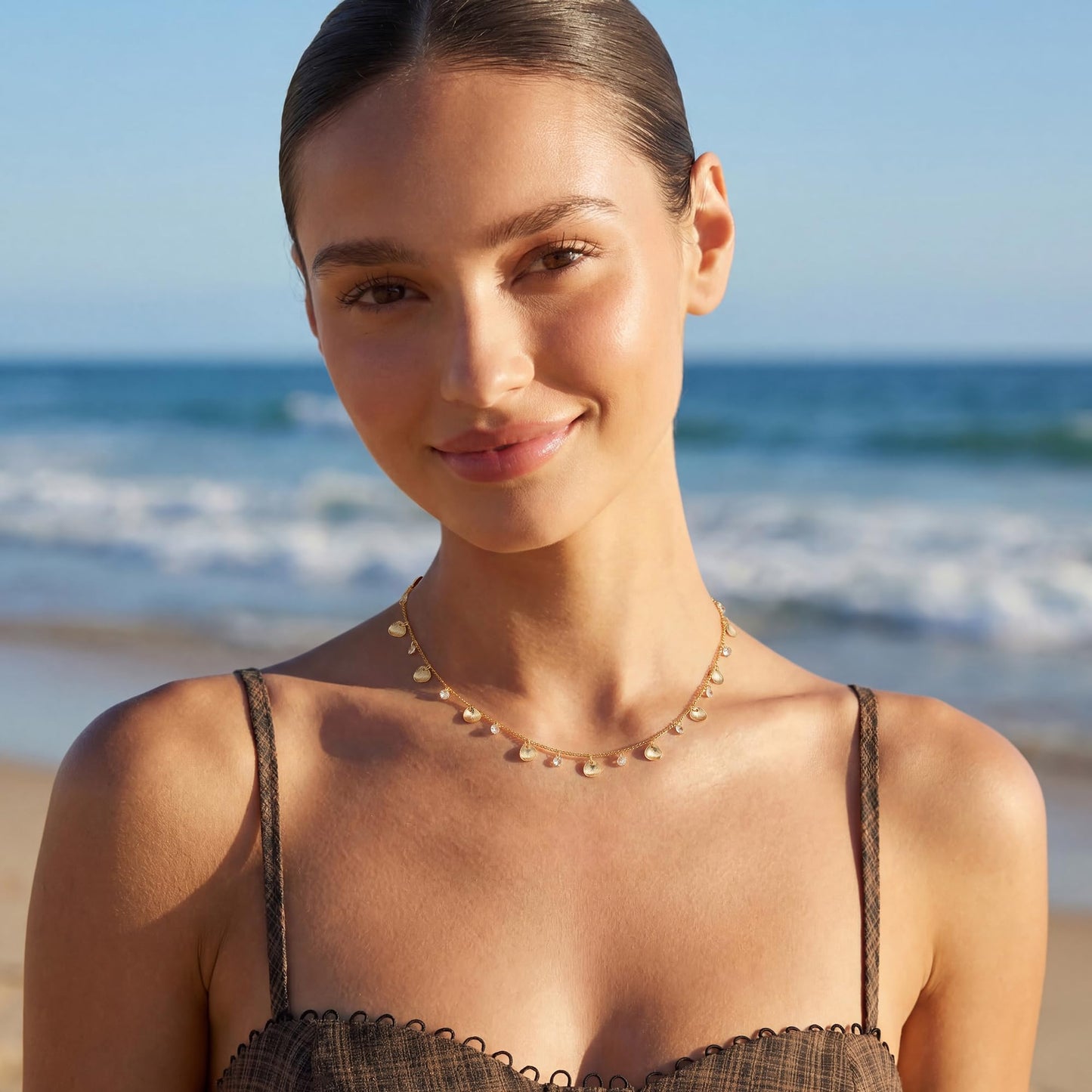 MYEARS Gold Shell Charm Choker Necklaces for Women 14K Gold Plated Dainty Cute Cubic Zirconia Choker Summer Ocean Beach Jewelry Trendy