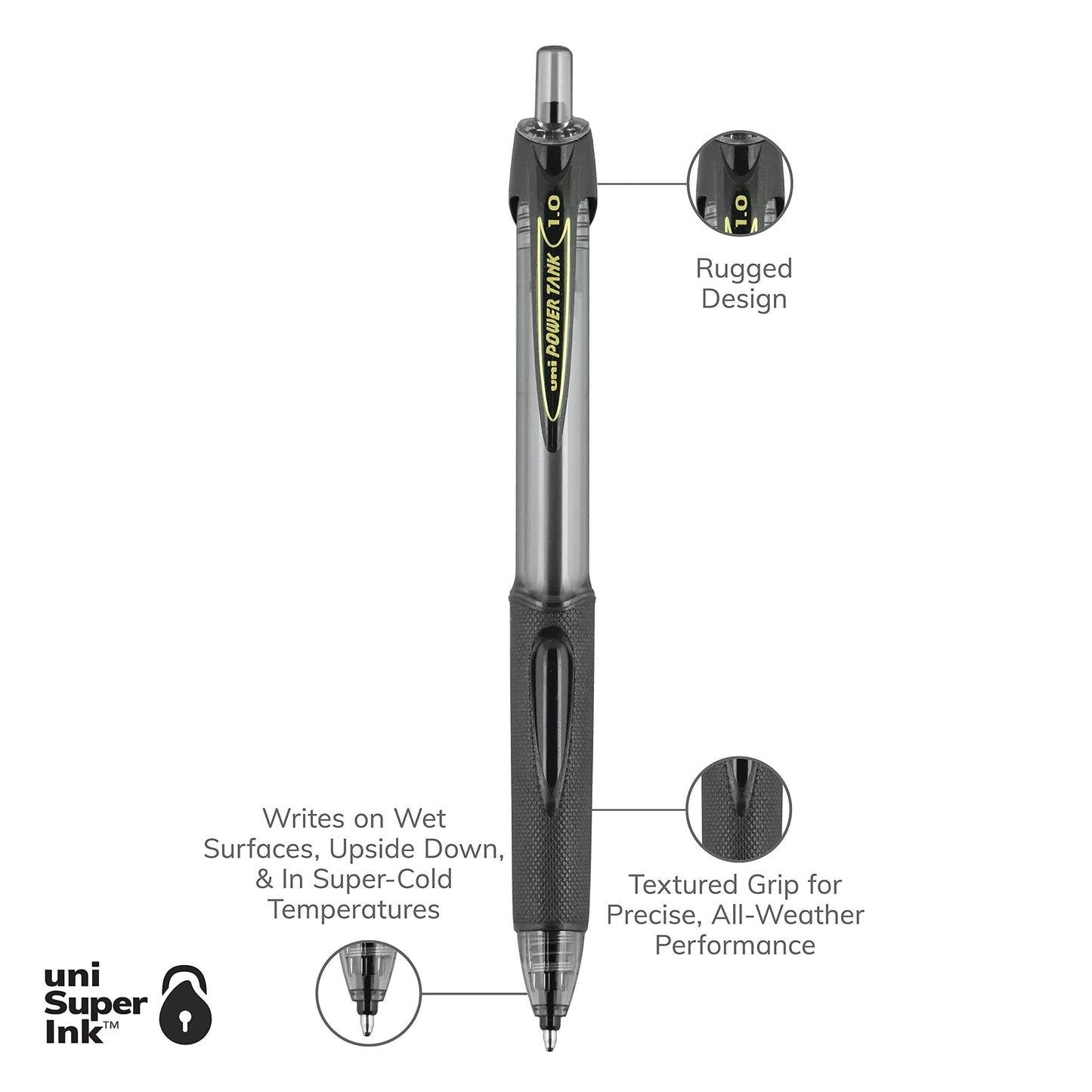 uniball Power Tank RT Ballpoint Pens, Medium Point (1.0mm), Black, 12 Pack