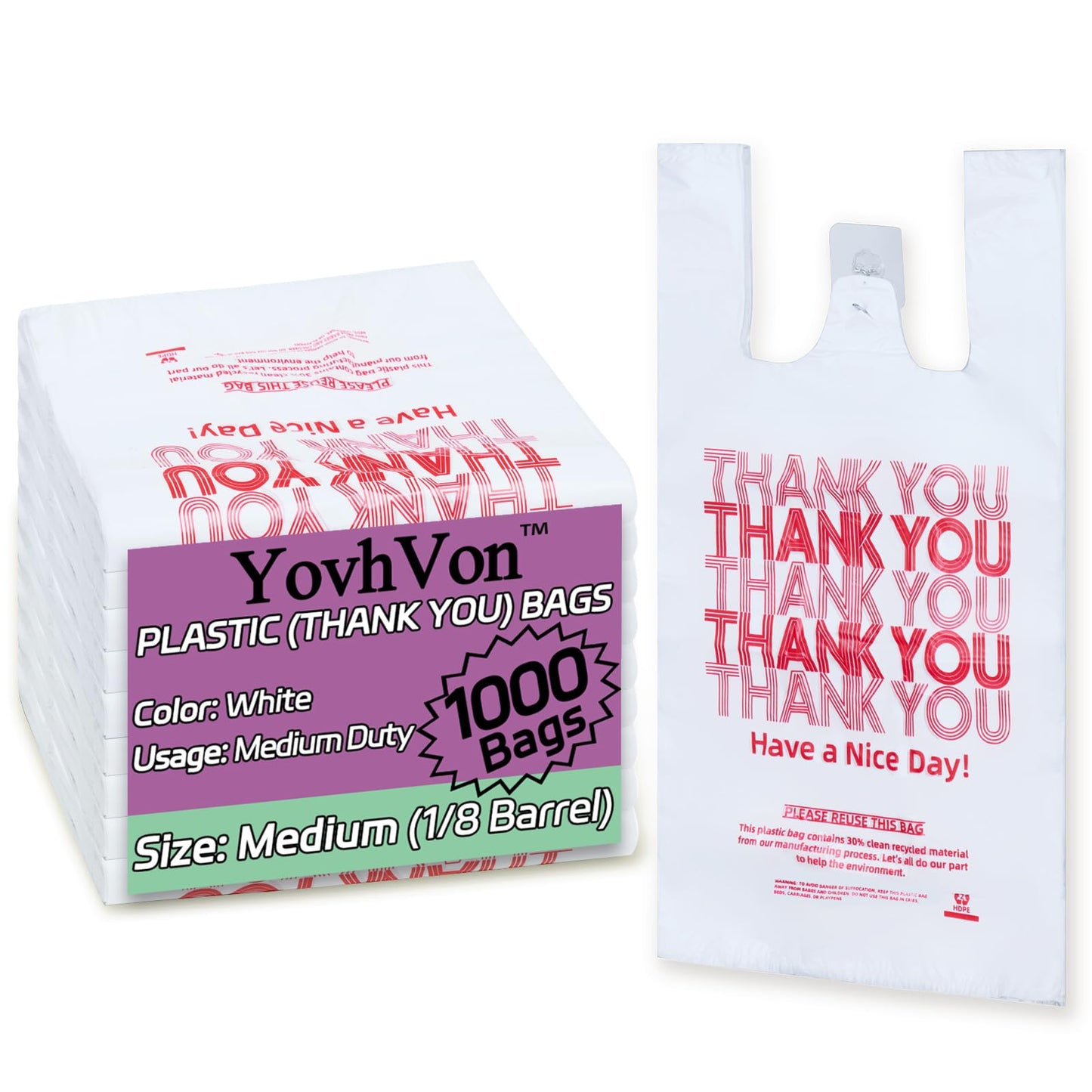 YovhVon Medium Size 1000 Count Plastic Bags with Handles, T-Shirt Bag, Thank You bags, Shopping Bag, Grocery bag, |for Store, Carry, Pack, Retail|, White, 1/8 Barrel, 10"x5"x18"