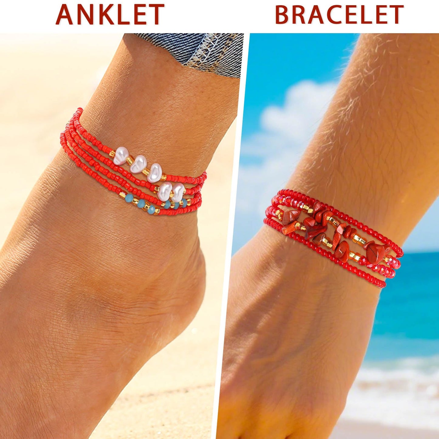 ELABEST Adjustable Handmade Waist Beads Stretchy 23-52 inch 8Pcs Chakra Body Belly Beaded Women Waist, Anklet, Bracelet, Necklace Jewelry with Screw clasp (Red, 39.3inch/100cm)