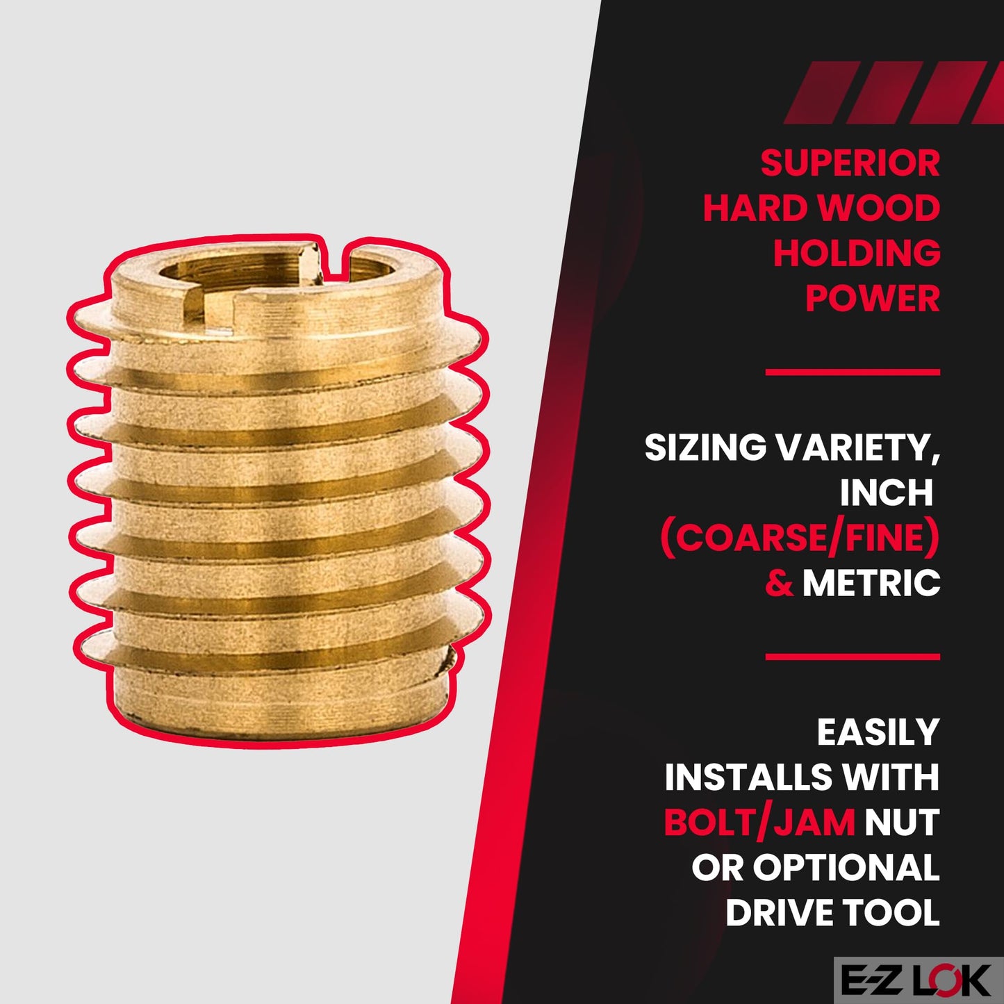E-Z LOK Knife Threaded Insert for Hard-Wood, Brass Thread Inserts 10-32 Internal Threads, 0.500" Length Pack of 25
