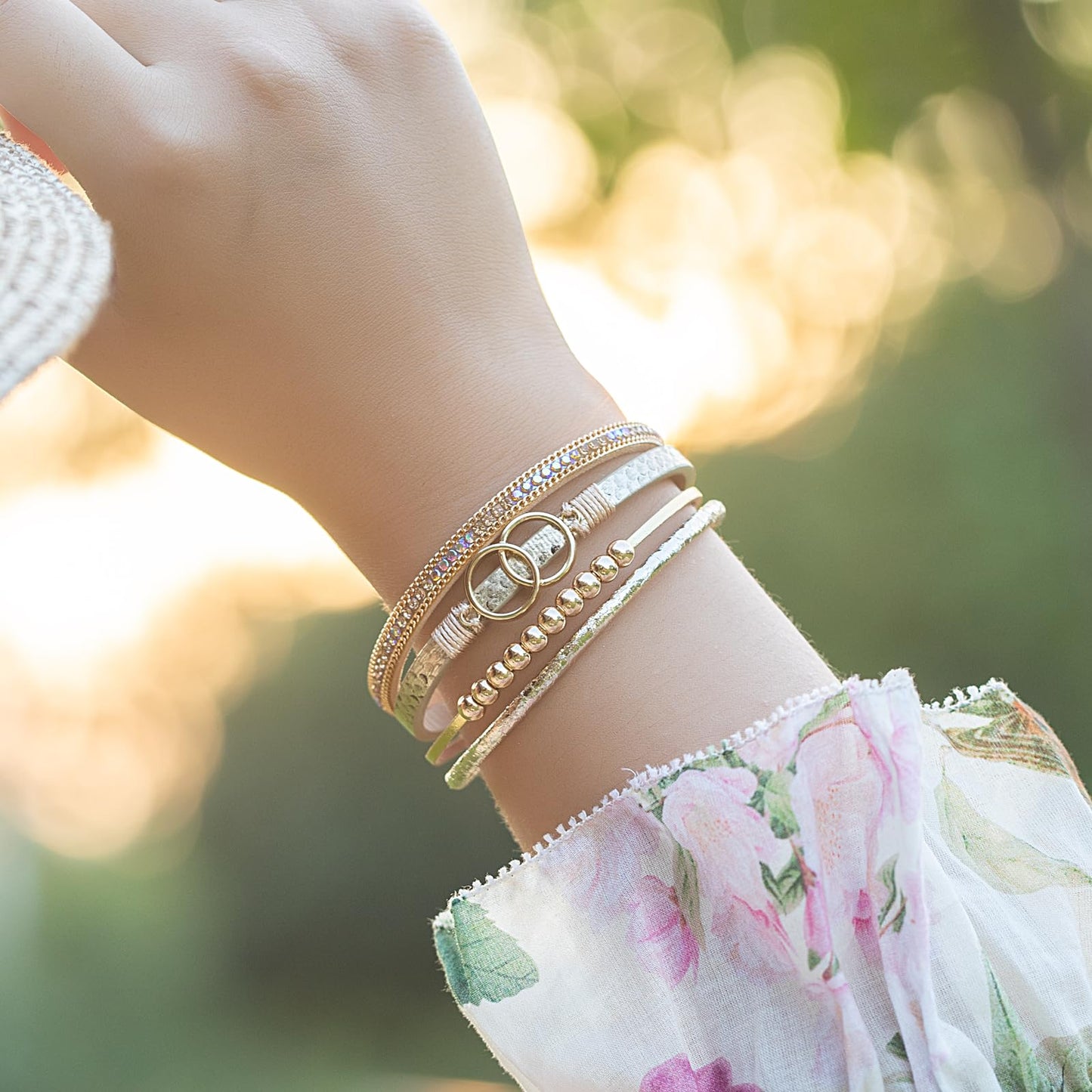 FANCY SHINY Boho Leather Wrap Bracelet Stackable Beaded Infinity Chunky Cuff Bracelets with Magnetic Clasp Western Hippie Outfits Jewelry Gifts for Women(Snakeskin Gold)