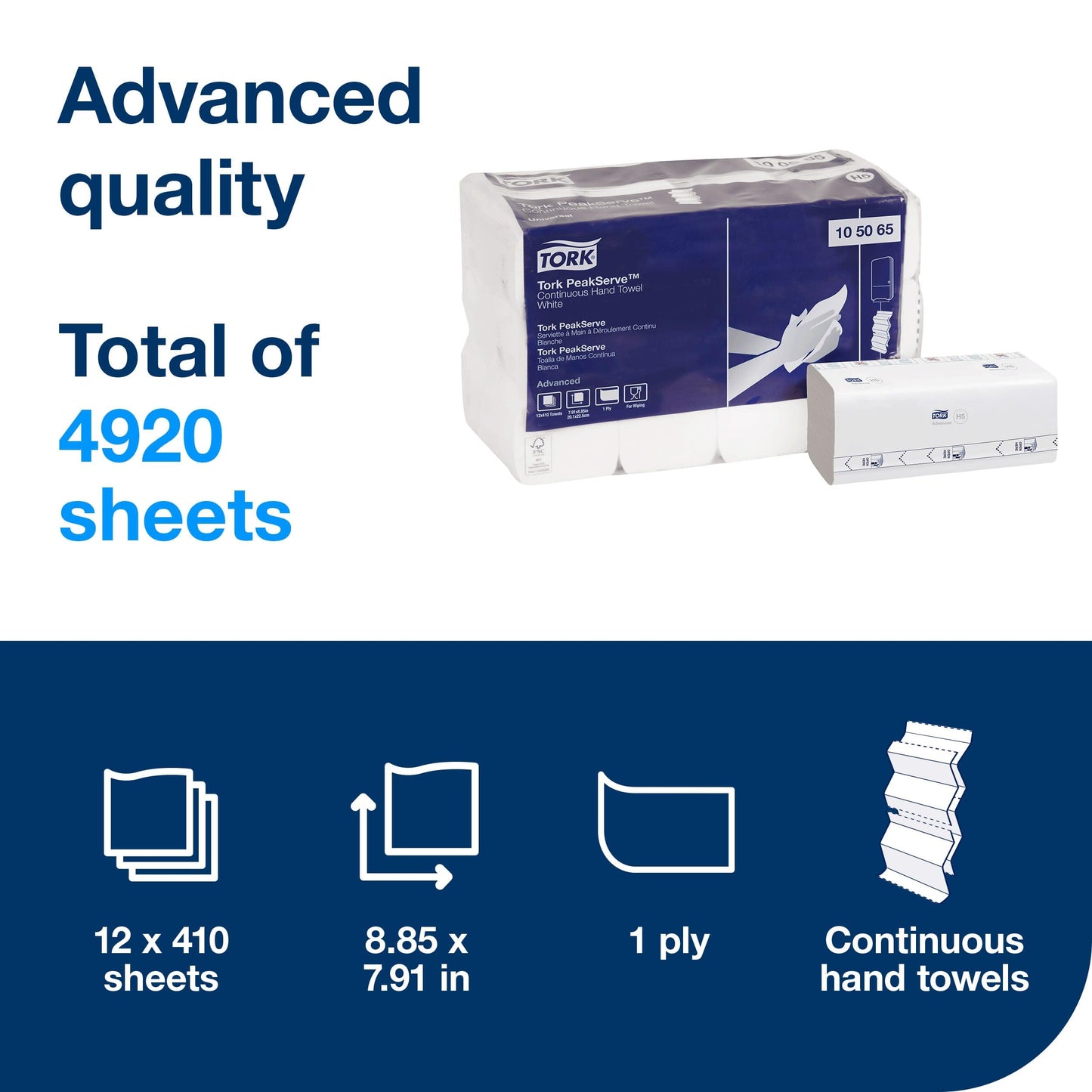 Tork PeakServe Continuous Hand Towel White H5, Advanced, Compressed, 12 x 410 sheets, 105065