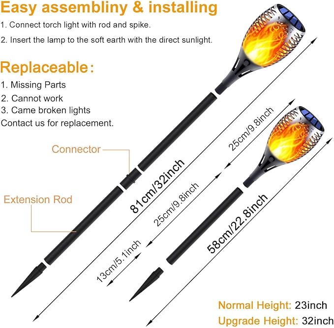 Solar Torch Lights, 8 Pack with Extension Rods & Realistic Flickering Flame, Waterproof Outdoor Pathway Lights for Garden, Yard, Patio, Lawn Landscape Decoration