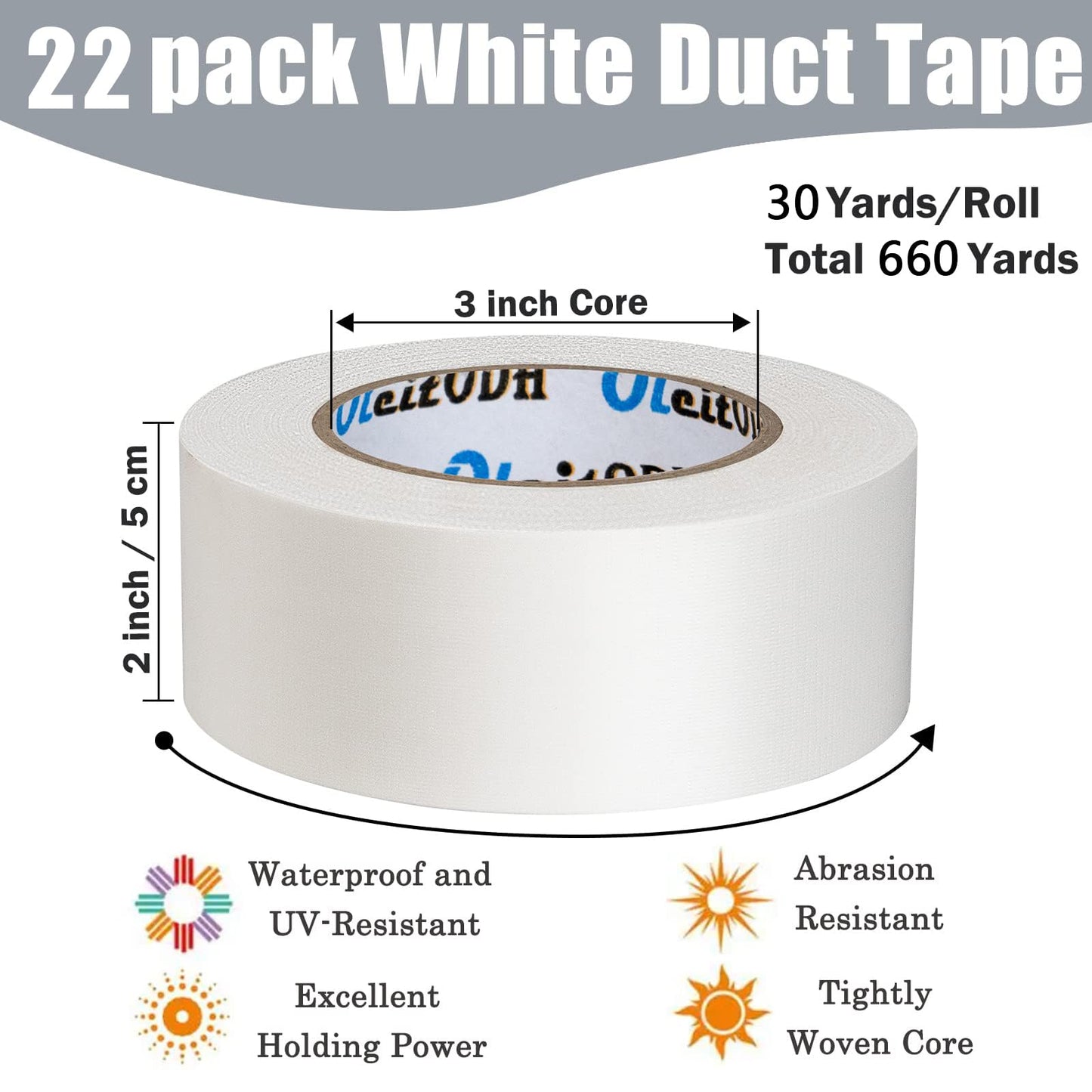22 Pack White Duct Tape Bulk - 660 Yards x 2 Inch Heavy Duty Tape, Strong No Residue All-Weather, Tear by Hand, Multi-Use for Indoor & Outdoor Repairs, Industrial, Professional Use