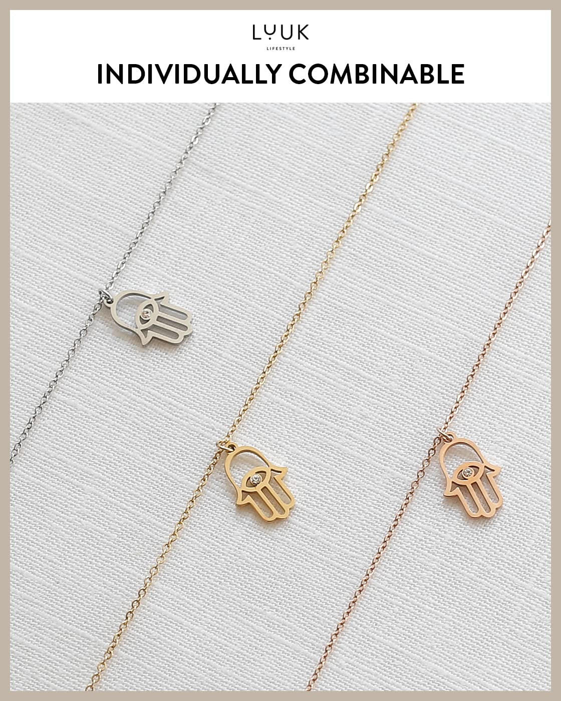 LUUK LIFESTYLE Stainless steel necklace for women with Fatima|Buddha hand pendant and HAPPINESS gift card, zen hamsa jewelry for protection against bad luck, hippie chic boho style aspect, silver