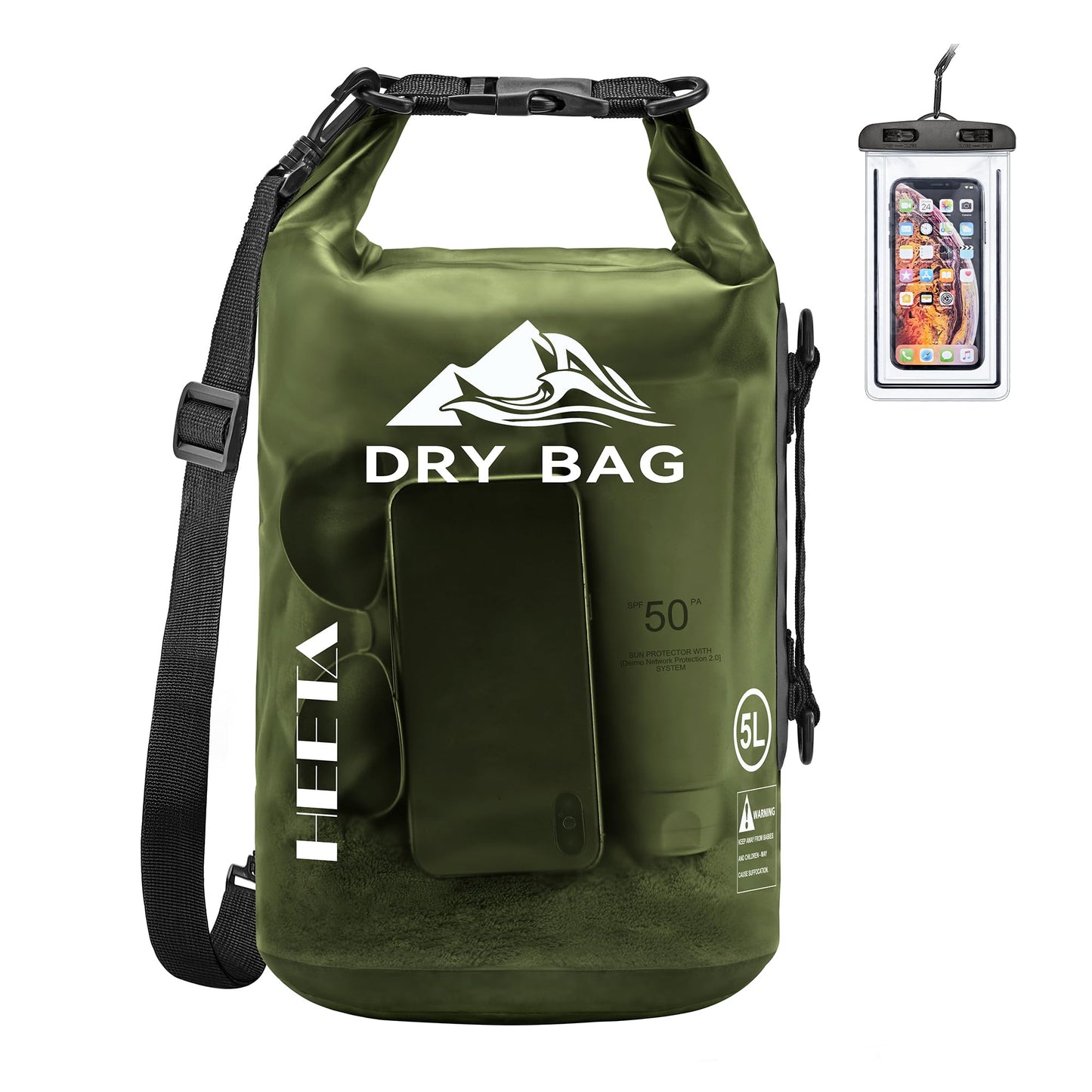 HEETA Dry Bag Waterproof for Women Men, Roll Top Lightweight Dry Storage Bag Backpack with Phone Case for Travel Swimming Boating Kayaking Paddle Board Camping Beach Accessories (Pitch Green, 30L)
