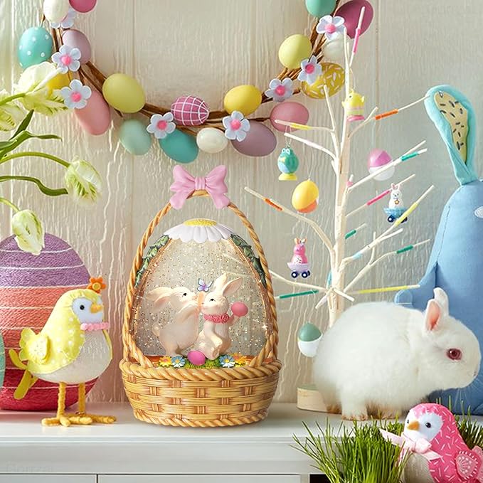 Easter Snow Globe Lantern Easter Decorations for Home with Timer Swirling Glitter, Lighted Easter Decor Indoor Easter Gifts with Easter Basket Bunny Eggs, USB or Battery Operated