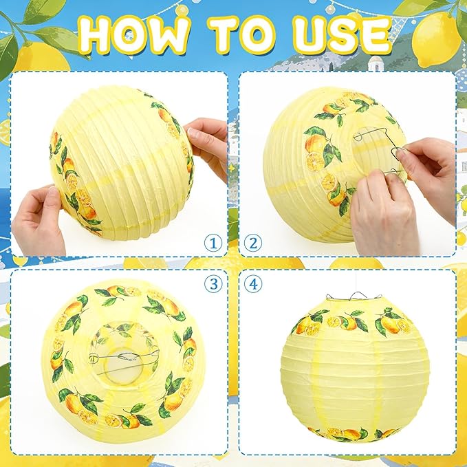 DECYOOL Capri Lemon Pattern Paper Lanterns,12 Pack Mediterranean Party Decor with White, Yellow, and Blue Designs for Indoor Outdoor Celebration