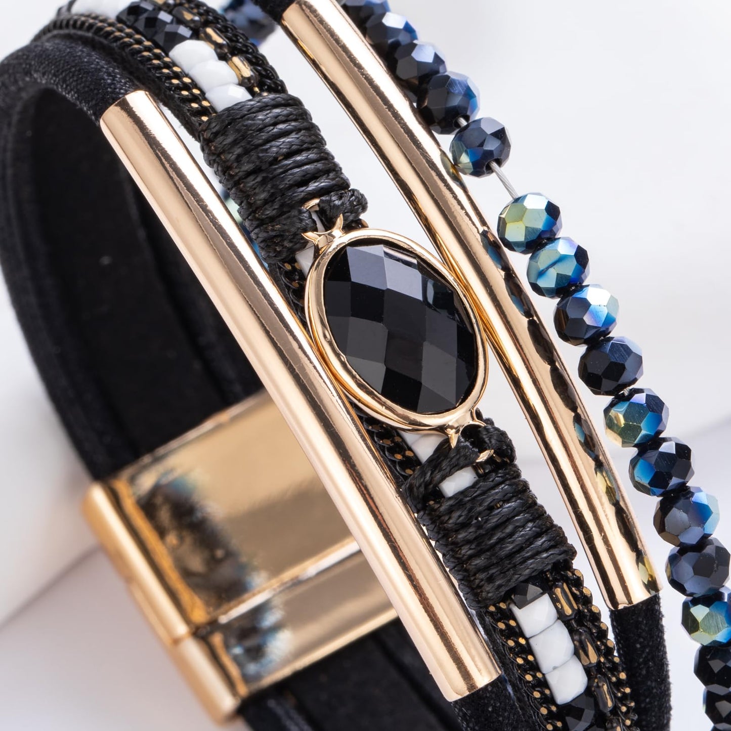 FANCY SHINY Leather Wrap Bracelets Crystal Beads Bracelet Boho Cuff Stone Charm Bracelets with Clasp Costume Jewelry for Women(Black)