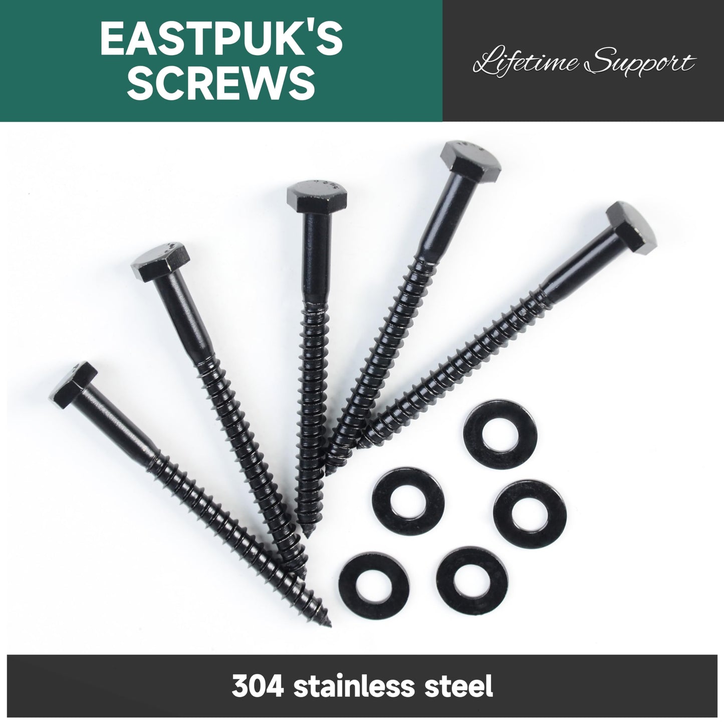 EASTPUK 109Pcs 1/4 Hex Head Lag Bolts Screws Assortment Kit, Heavy Duty Lag Screws with Washers, 304 Stainless Steel, 1/4 Bolt for Wood, Fully Thread, Black Oxided with Hex Socket