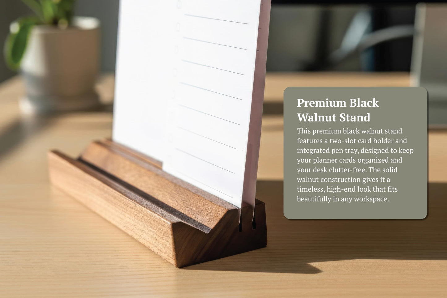 Minimalist Weekly Planner Desk Set – Solid Black Walnut Stand with Pen Tray, Double-Sided Planner & To-Do Cards (Walnut Stand and Planner Cards)