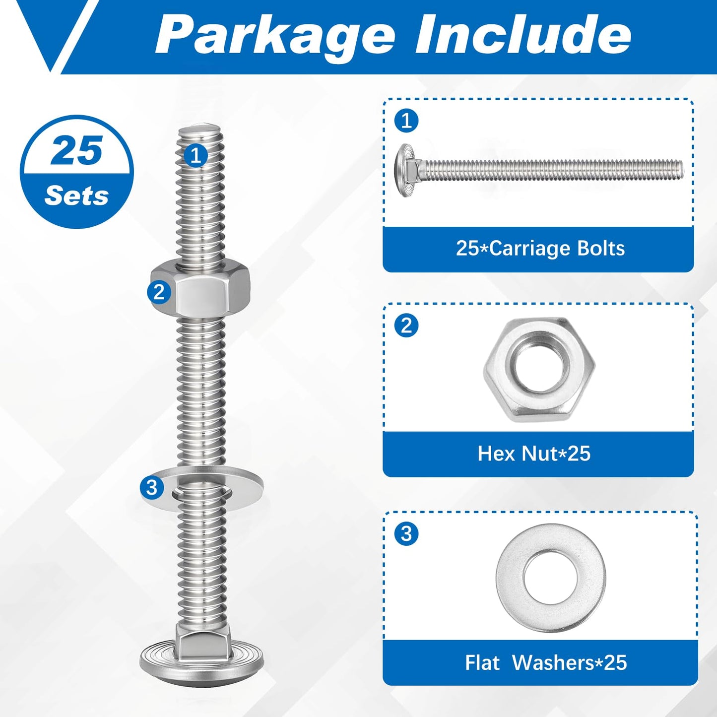 Zonon 25 Sets 3/8-16 x 3-1/2 Stainless Steel Carriage Bolts and Nuts Kit Round Head Square Neck Carriage Bolts Screws and Hex Nuts and Flat Washers, Stainless 18-8 Full Thread Coverage (Silver)