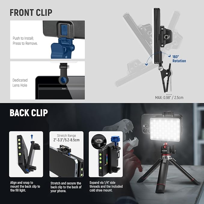 NEEWER VL67C RGB Selfie Light with APP Control, 94 LED CRI97 2000mAh Rechargeable, Cold Shoe Mount as Camera Light, Portable Front & Back Phone Clip for TikTok, Video Conference Light for Laptop