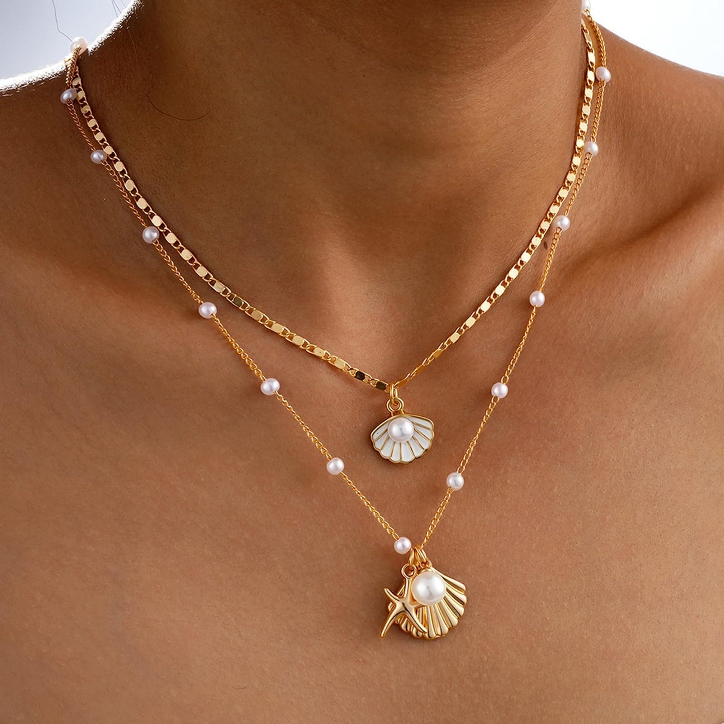 KummerSaprk Seashell Necklace Summer Vacation Jewelry for Women Gold Beachy Necklace Stack Starfish Flower Cowrie Sea Shell Pendant Necklaces Summer Essentials Accessories Gifts