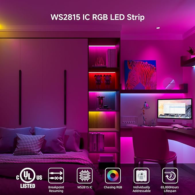 BTF-LIGHTING WS2815 (Upgraded WS2812B) LED Strip Light,UL Listed,16.4FT 300 LED/Pixels,Flexible Chasing RGB,Dual Signal Individually Addressable,5050SMD,3M Tape,DC12V IP65(No Adapter or Controller)