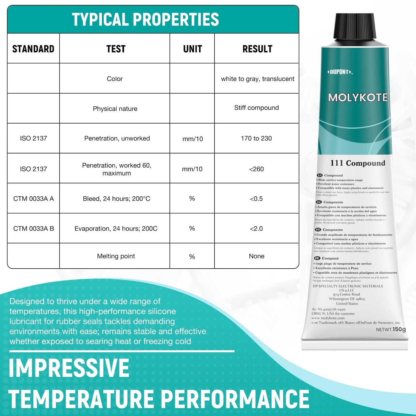 Molykote 111 Compound Valve Lubricant and Sealant 150g 5.3oz, Silicone Grease for O-Rings, Plug Valves, Seal & Protect Rubber & Plastic Components, Water Resistant, Low Volatility
