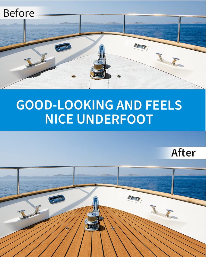OCEANBROAD Self-Adhesive 48''x16.8'' Boat Flooring with 3M Adhesive Backing EVA Foam Boat Decking Faux Teak Marine Non-Slip Sheet for Jon Motor Boats Yacht Helm Pad Floor, Brown with Black Seam Lines