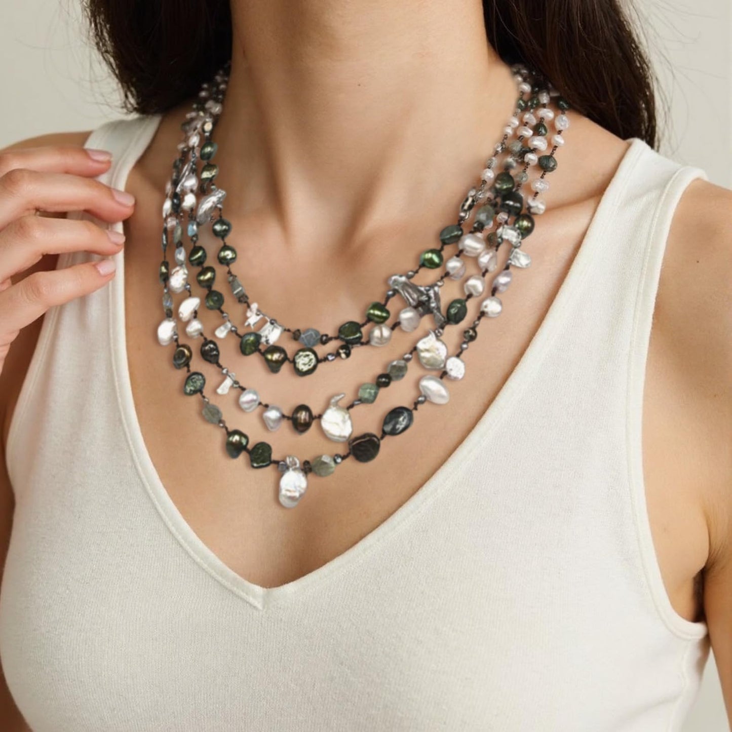 Classic Multicolor Versatile 18" Multi-Strand Freshwater Pearl Necklace with 8-9mm Multicolor Baroque Pearls & Crystal Pearl Clasp Luxury Jewelry Gift