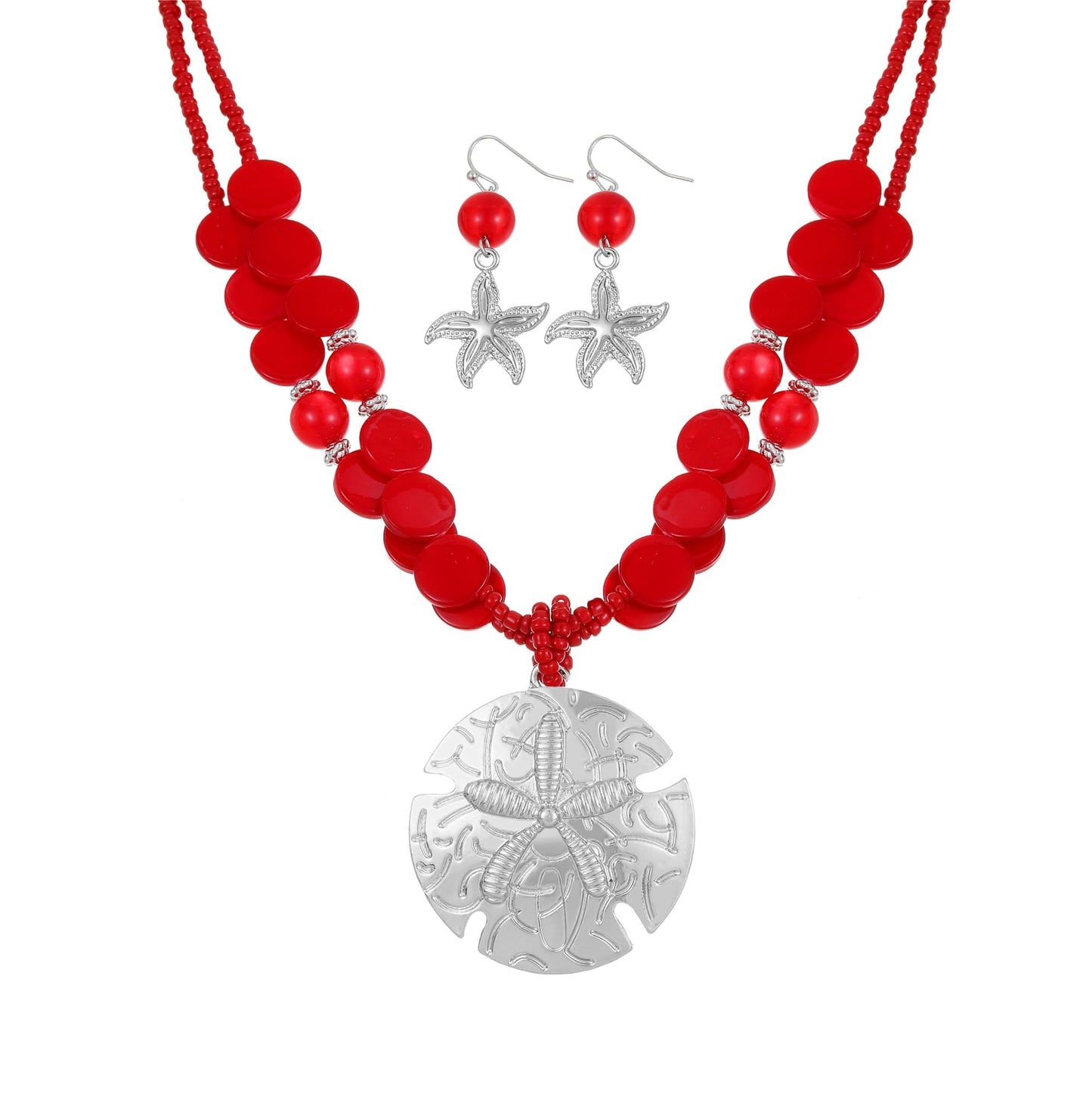 Perla Boho Starfish Necklace for Women, Chunky Layered Shell Beads Choker Necklace and Earrings Set, Ocean-Themed Summer Beach Jewelry (Red)