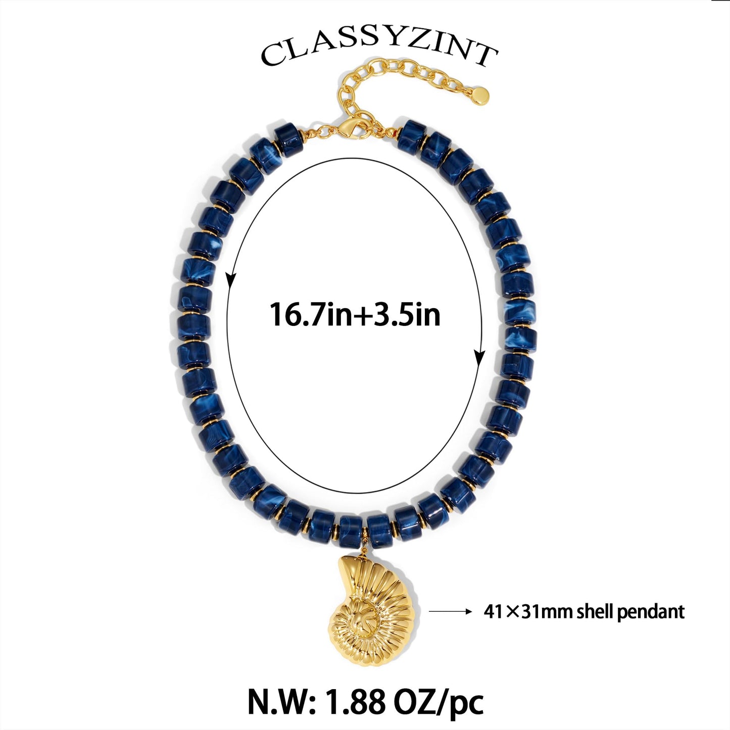 CLASSYZINT Chunky Conch Necklace Blue Beaded with Gold Shell Pendant Boho Summer Party Everyday Wear for Women