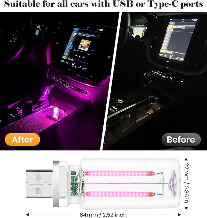 USB Retro Car Lamp, Touch-Control Portable LED Car Ambient Light, USB Powered Night Lights, Suitable for Bedroom, Camping, Holiday Decorations.(Pink Light)