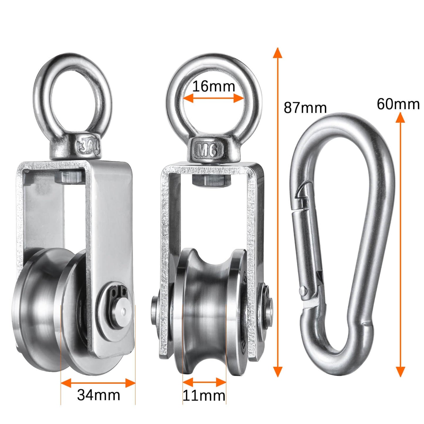 SHINICO Pulley Wheel with Carabiner, Bearing Inside, Stainless Steel, Rope Cable Pulley for Pulley System, 2 Pack