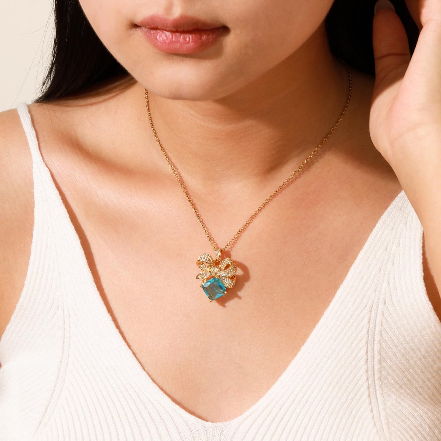 Blue Square March Birthstone Aquamarine Bow Necklace for Women-Gold Plated Healing Crystal Imitation Aquamarine Jewelry Waterproof Non Tarnish Jewelry For Birthday Valentines Day Mother's Day Christmas Thanksgiving Gifts