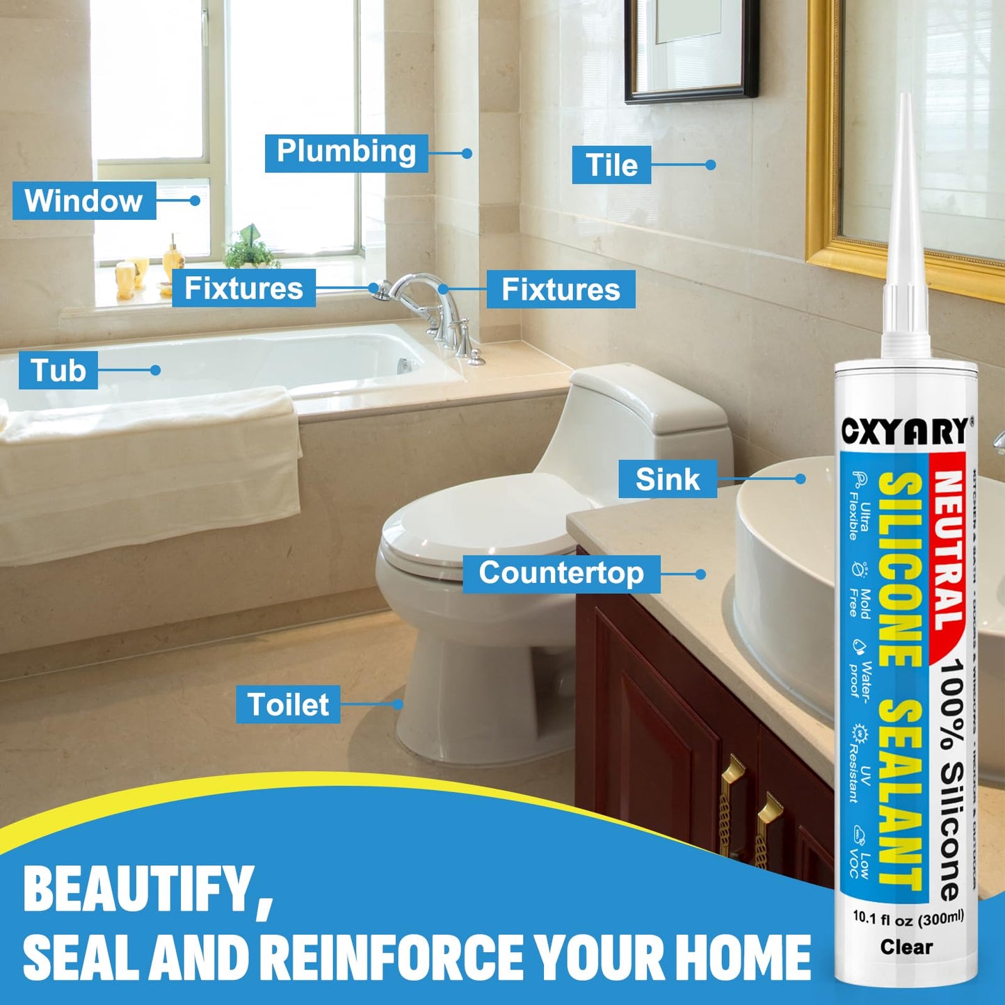 Silicone Caulk & Sealant Clear, 6 Pack - 100% Waterproof Silicone Sealant, Silicone Caulking for Kitchen and Bathroom, Toilet, Sink, Window ＆ Door Use, Shrink & Crack Proof (10.1 FL.OZ/300ml)