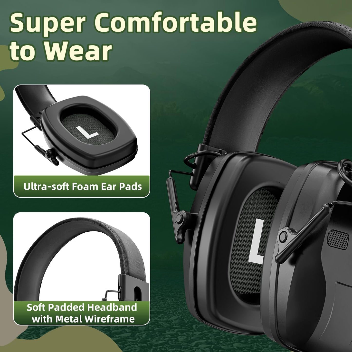 Rechargeable Shooting Protection Earmuffs with 4X Sound Amplification, Automatic Noise Cancelling Headphones Electronic Ear Muffs Music Volume Adjustable Folding for Hunting Racing Mowing