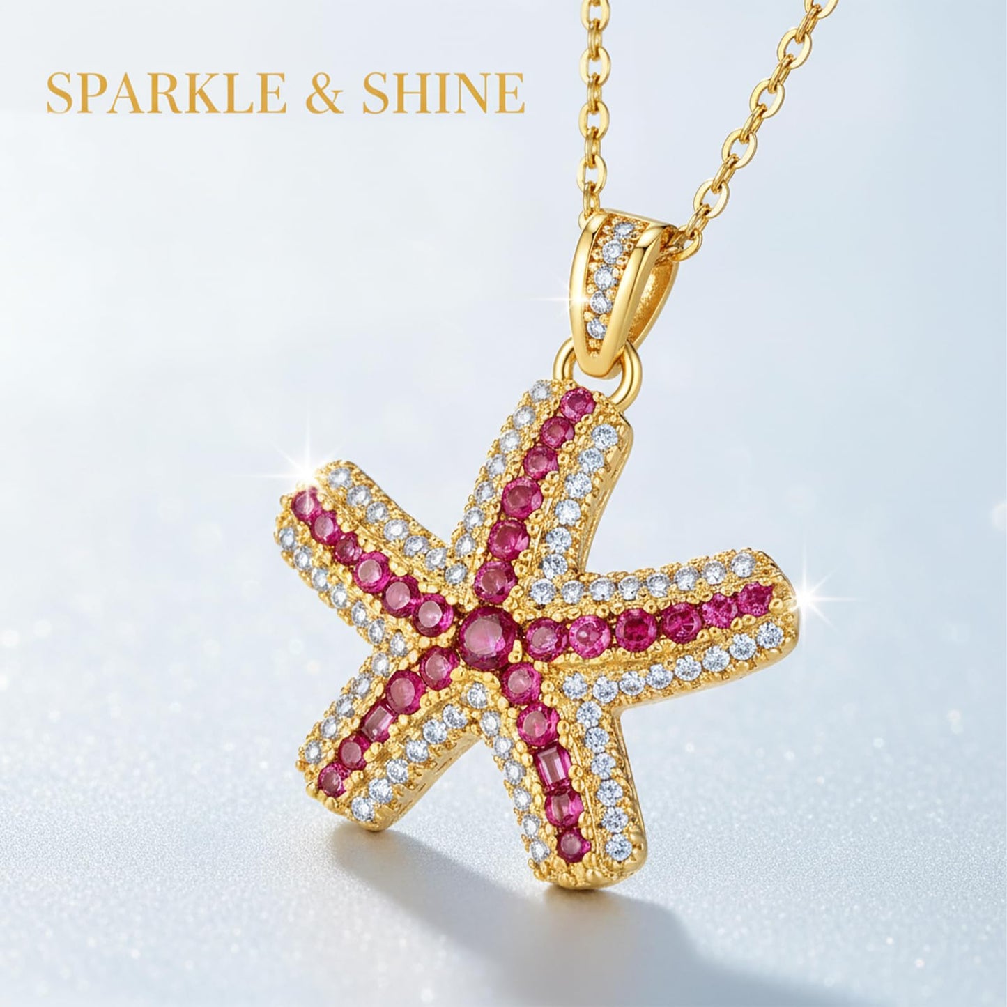 crataly CZ And Ruby Starfish Necklace For Women-Gold Plated July Birthstone Necklace Valentine's Day Mother's Day Christams Birthday Gifts