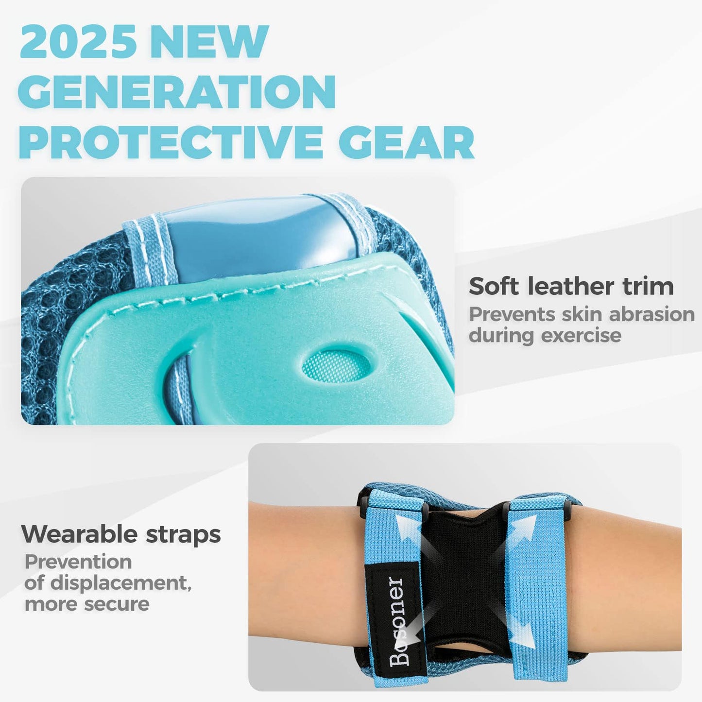 BOSONER Kids/Youth Knee Pad Elbow Pads Guards Protective Gear Set for Roller Skates Cycling BMX Bike Skateboard Inline Skatings Scooter Riding Sports Light Blue Medium(9-15 Years)