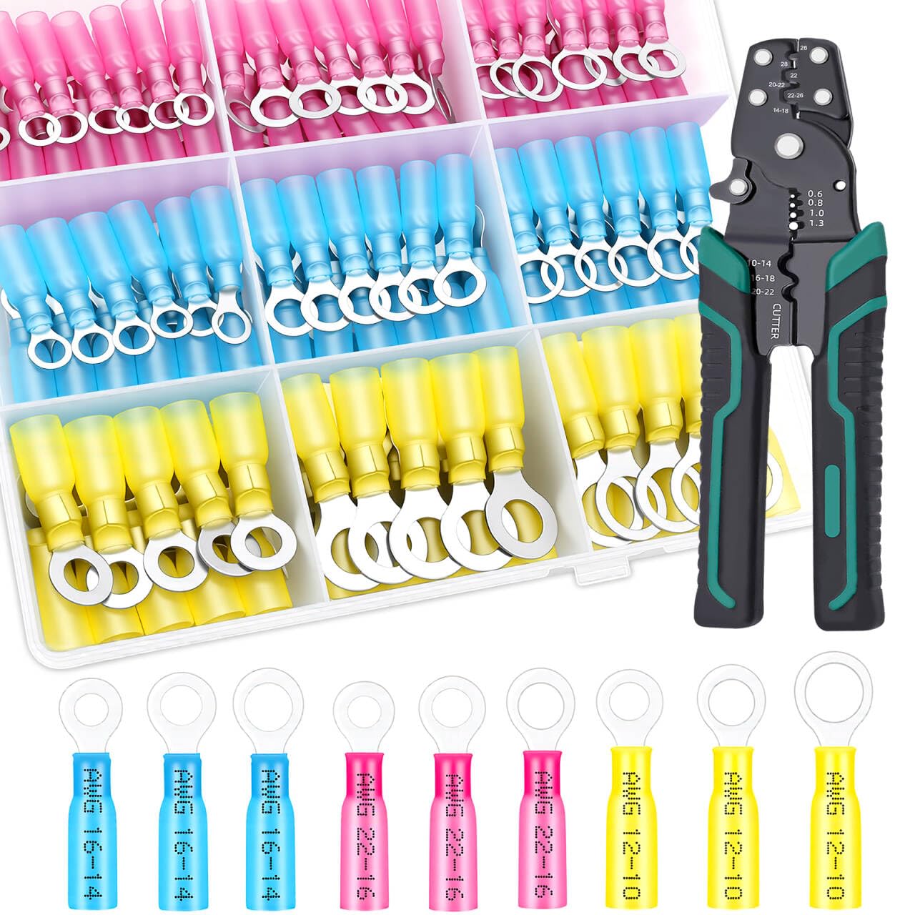 125pcs Heat Shrink Ring Wire Connectors with Crimping Tool,Waterproof Automotive Marine Electrical Terminals Kit,Insulated Crimp Connector kit