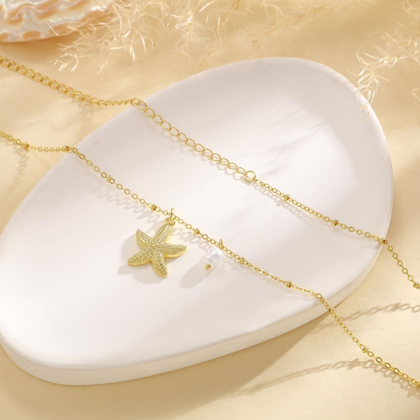 HABIKIP Starfish Pearl Charm Waist Chain for Women, Dainty 14K Gold Plated Belly Chain Belt Sexy Bikini Beach Waist Chain Adjustable Waterproof Body Chain Summer Vacation Jewelry Accessories for Women